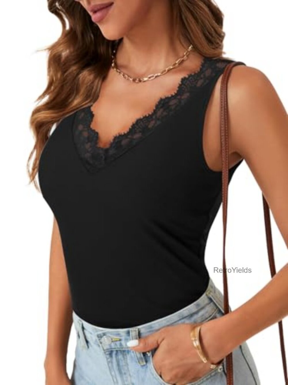 Lace Trim V Neck Ribbed Cami Top Sleeveless Y2K Women's